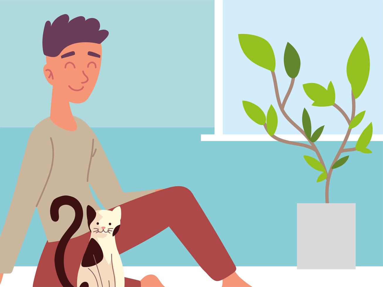 man with cat at home vector