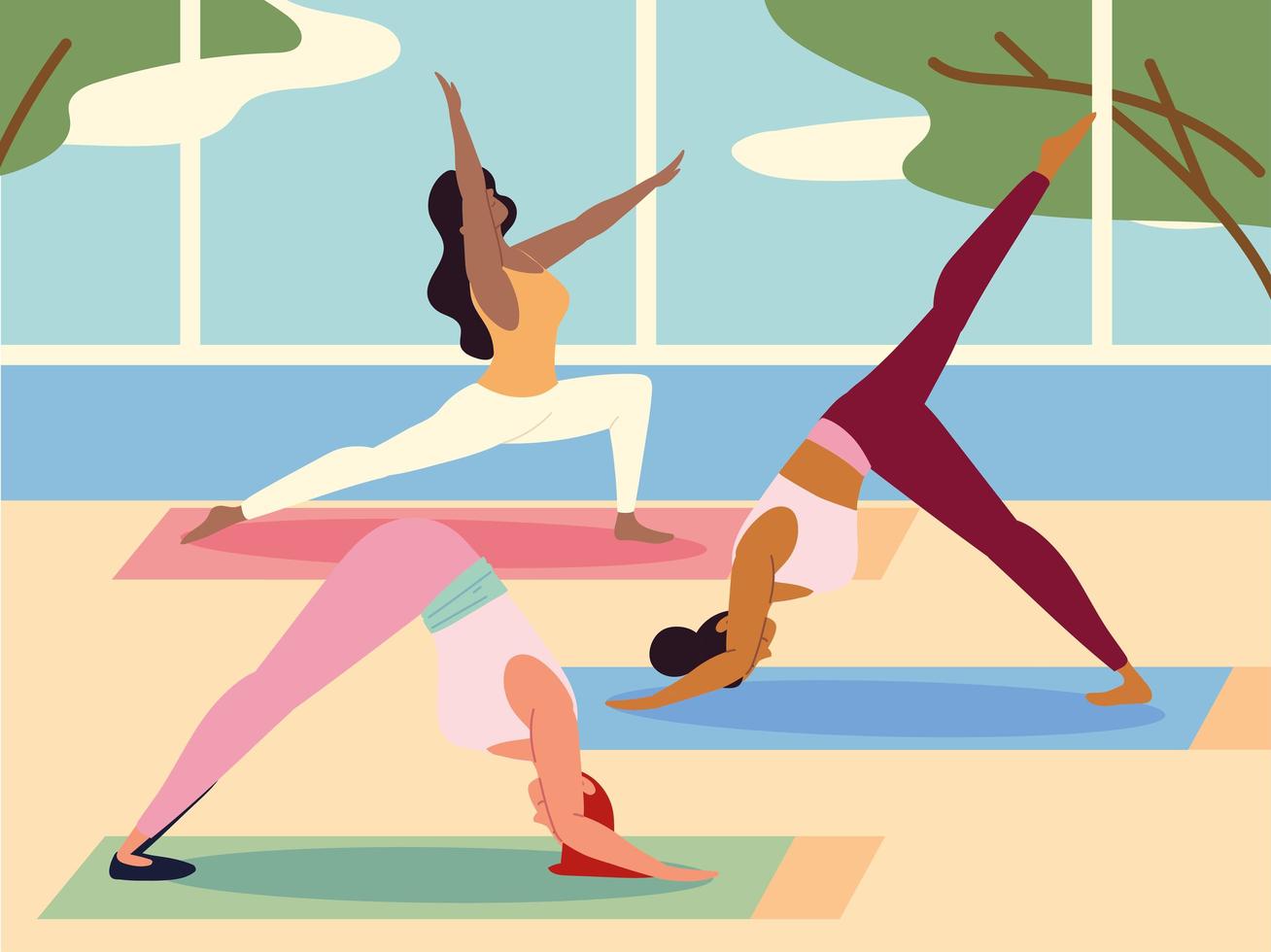women practicing yoga at home vector