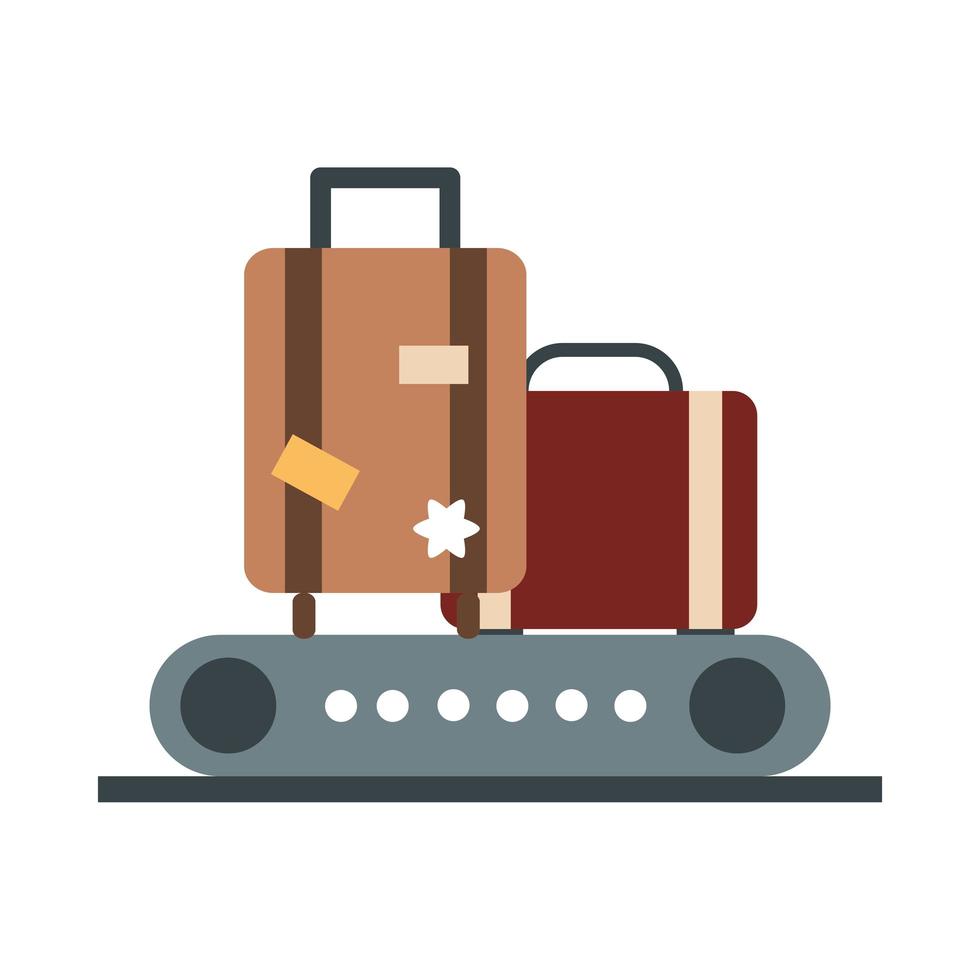 Cinta transportadora del aeropuerto con equipaje de pasajeros, terminal de transporte de viajes, turismo o icono de estilo plano de negocios vector