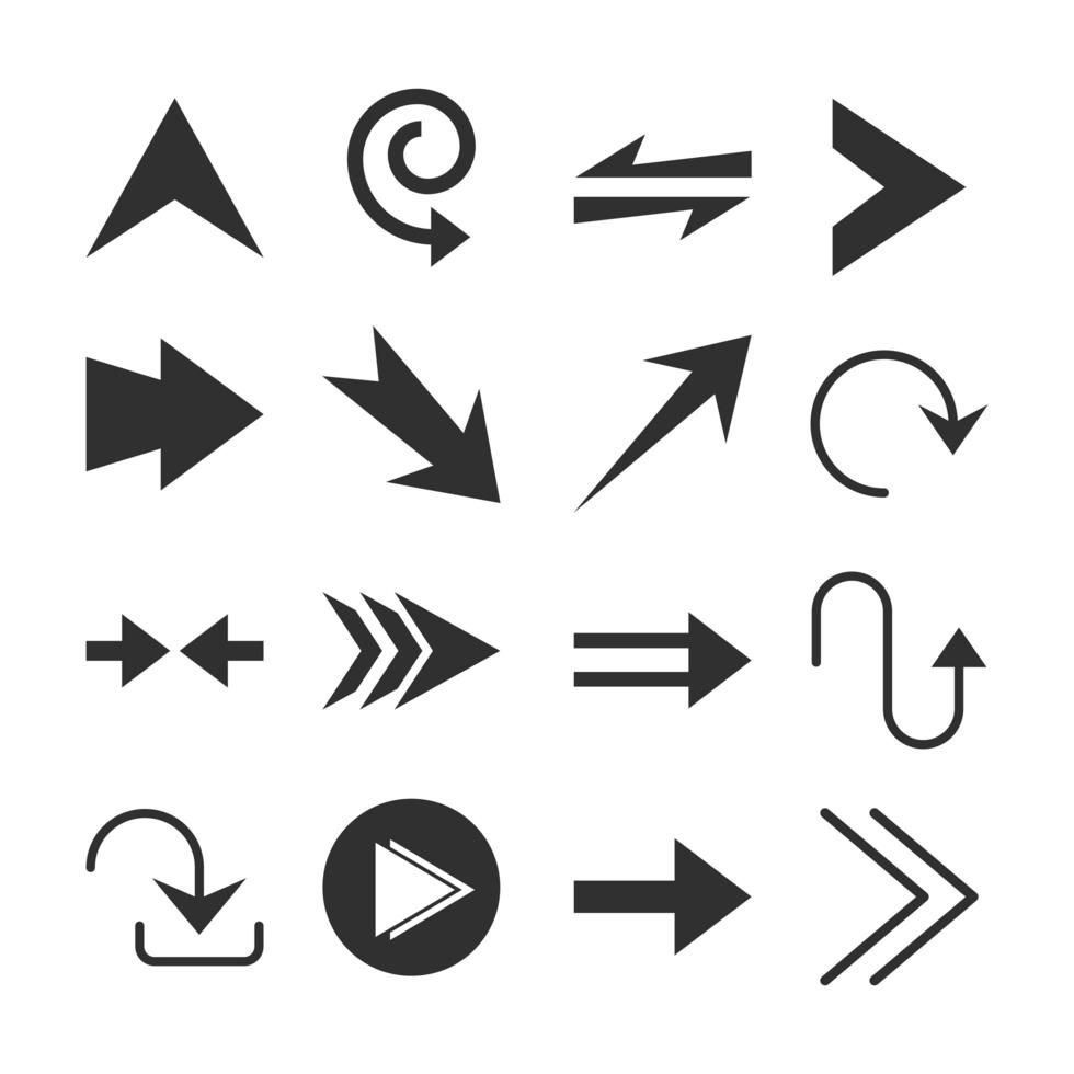 arrows direction guide cursor web navigation icons set silhouette style vector