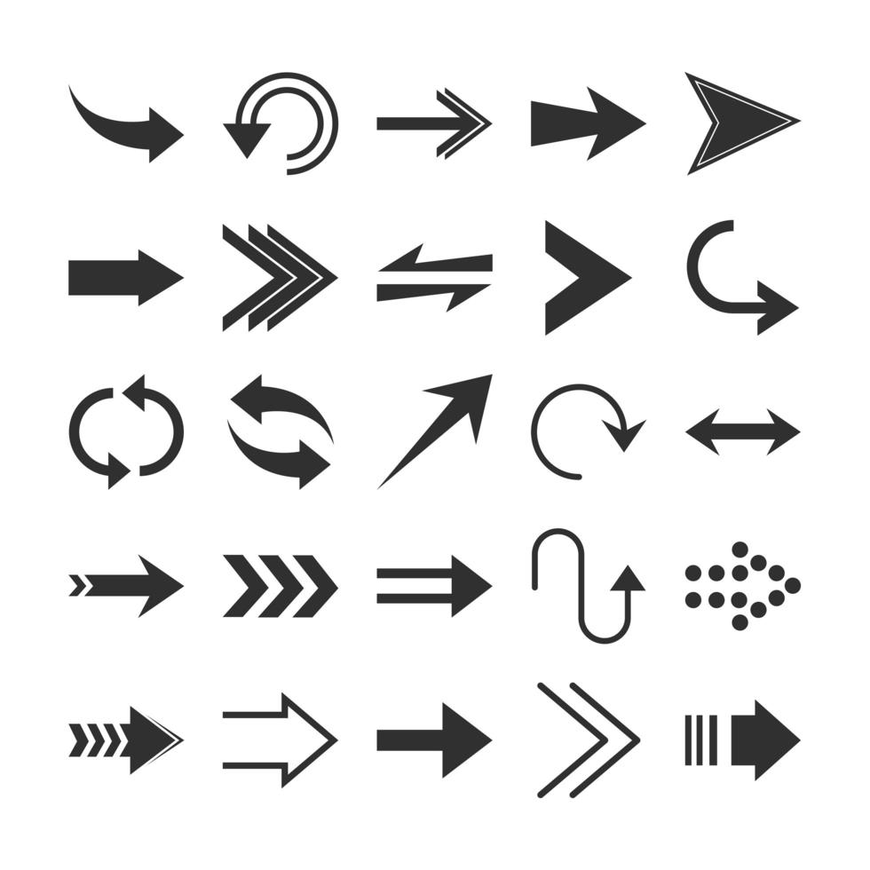 arrows direction guide cursor web navigation icons set silhouette style vector