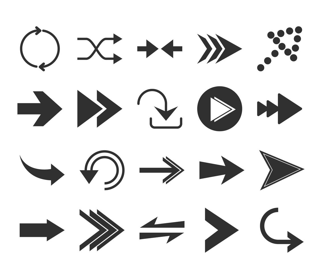 arrows direction guide cursor web navigation icons set silhouette style vector