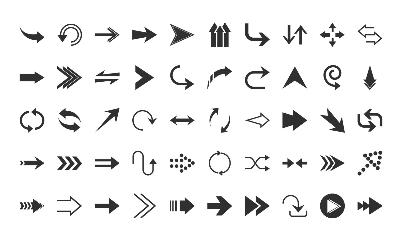 arrows direction guide cursor web navigation icons set silhouette style vector