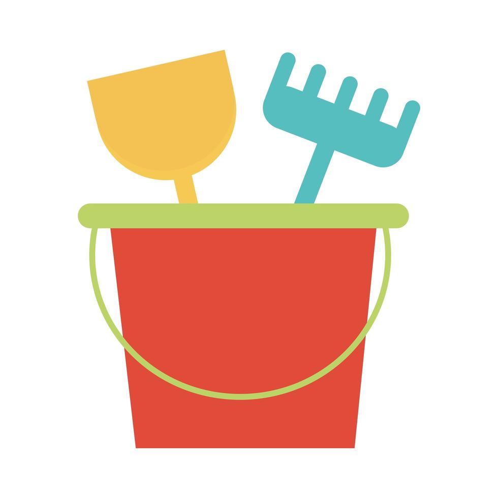 bucket with shovel and fork toy object for small children to play flat style cartoon vector