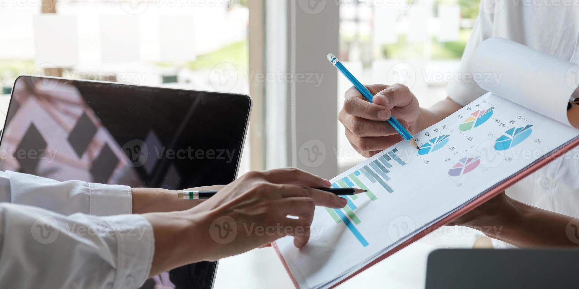 Close up businesspeople meeting to discuss the situation in the market. Business financial concept photo