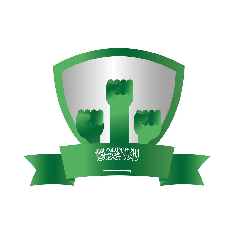 día nacional de arabia saudita manos levantadas verdes escudo cinta icono de estilo degradado vector