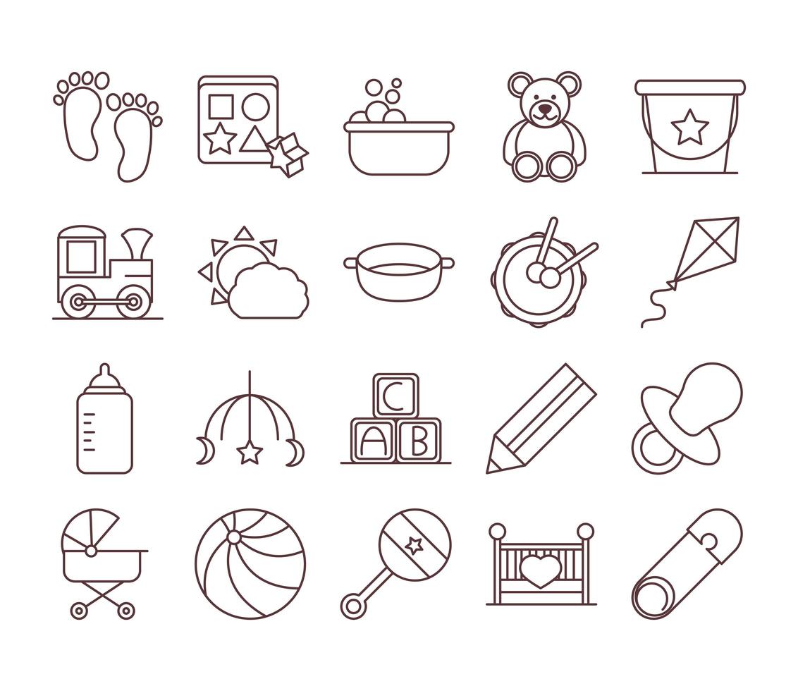 baby feeding toys and clothes welcome newborn icons set line and fill design vector
