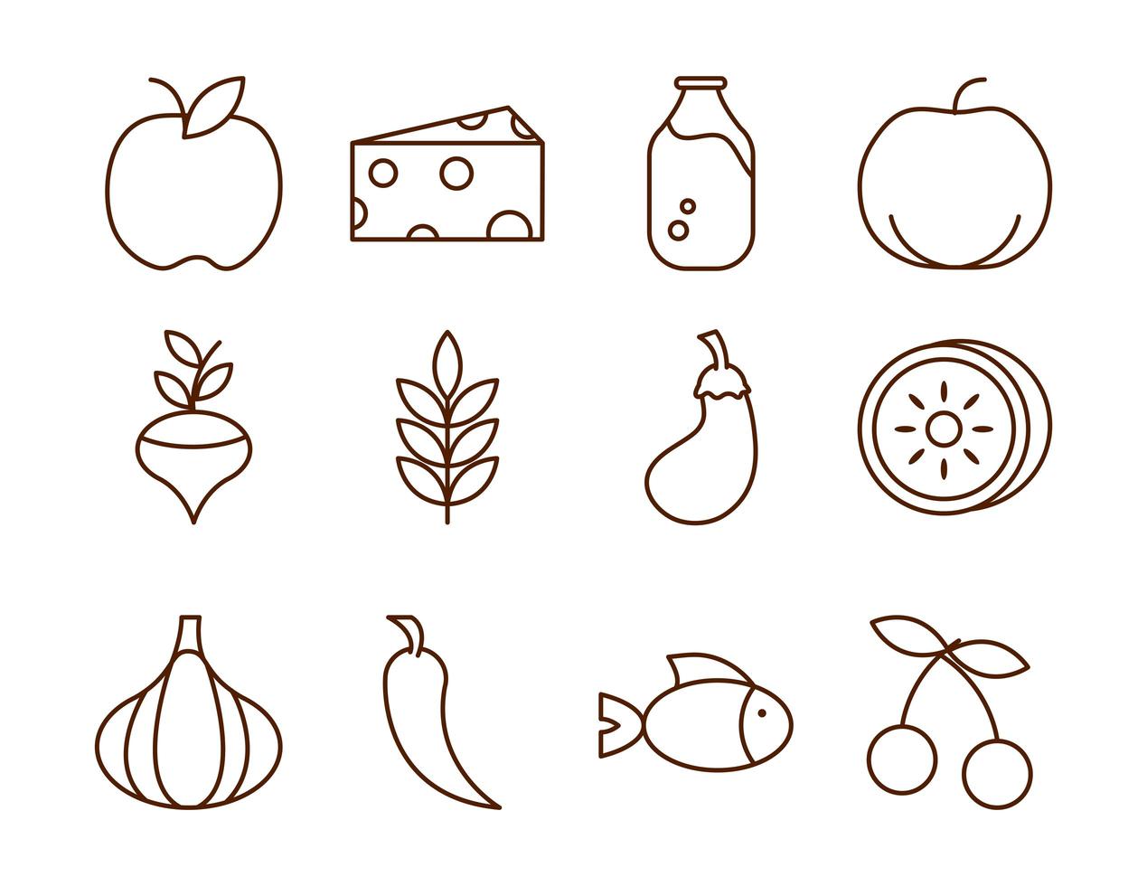 healthy food fresh fruits vegetables and protein ingredient products icons set line style icon vector