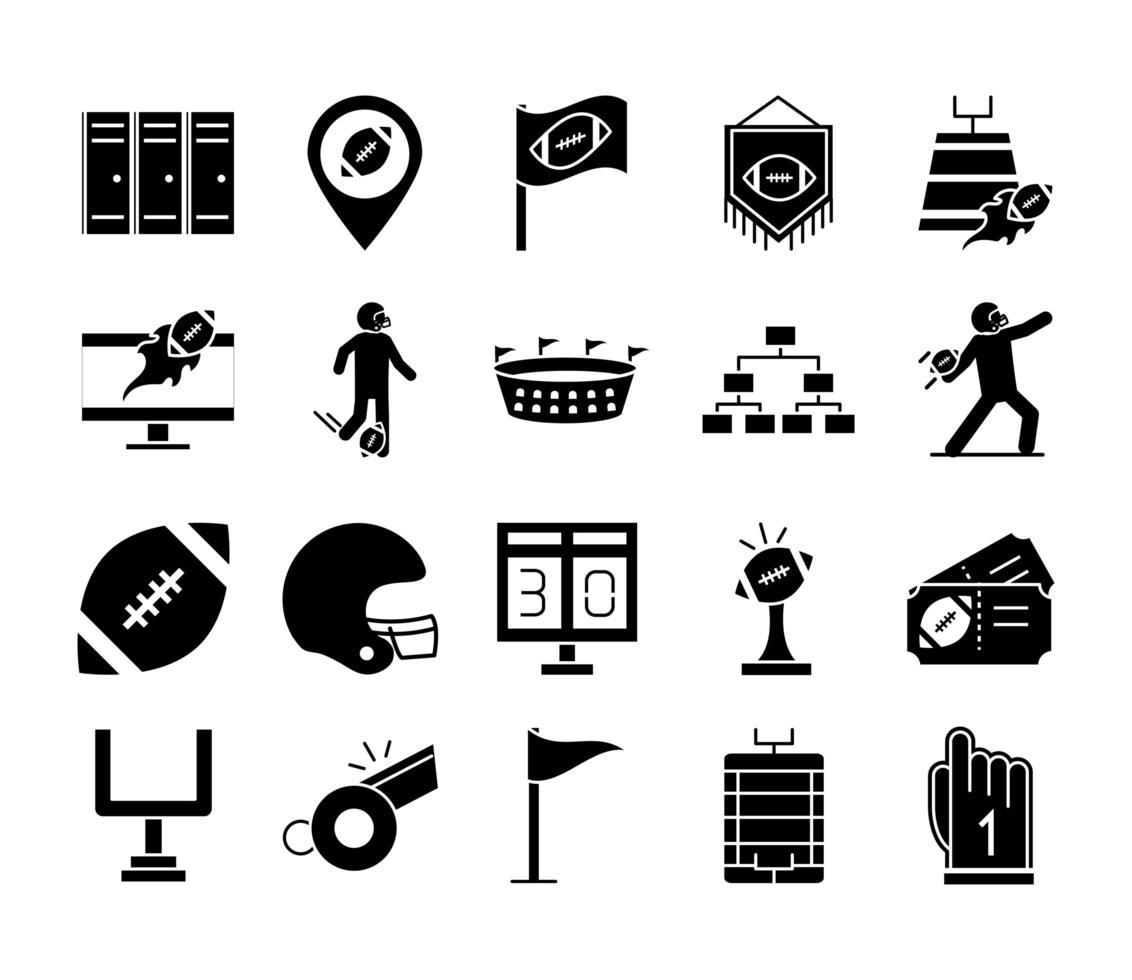 juego de fútbol americano, deporte, profesional, y, recreativo, iconos, conjunto, silueta, diseño, icono vector