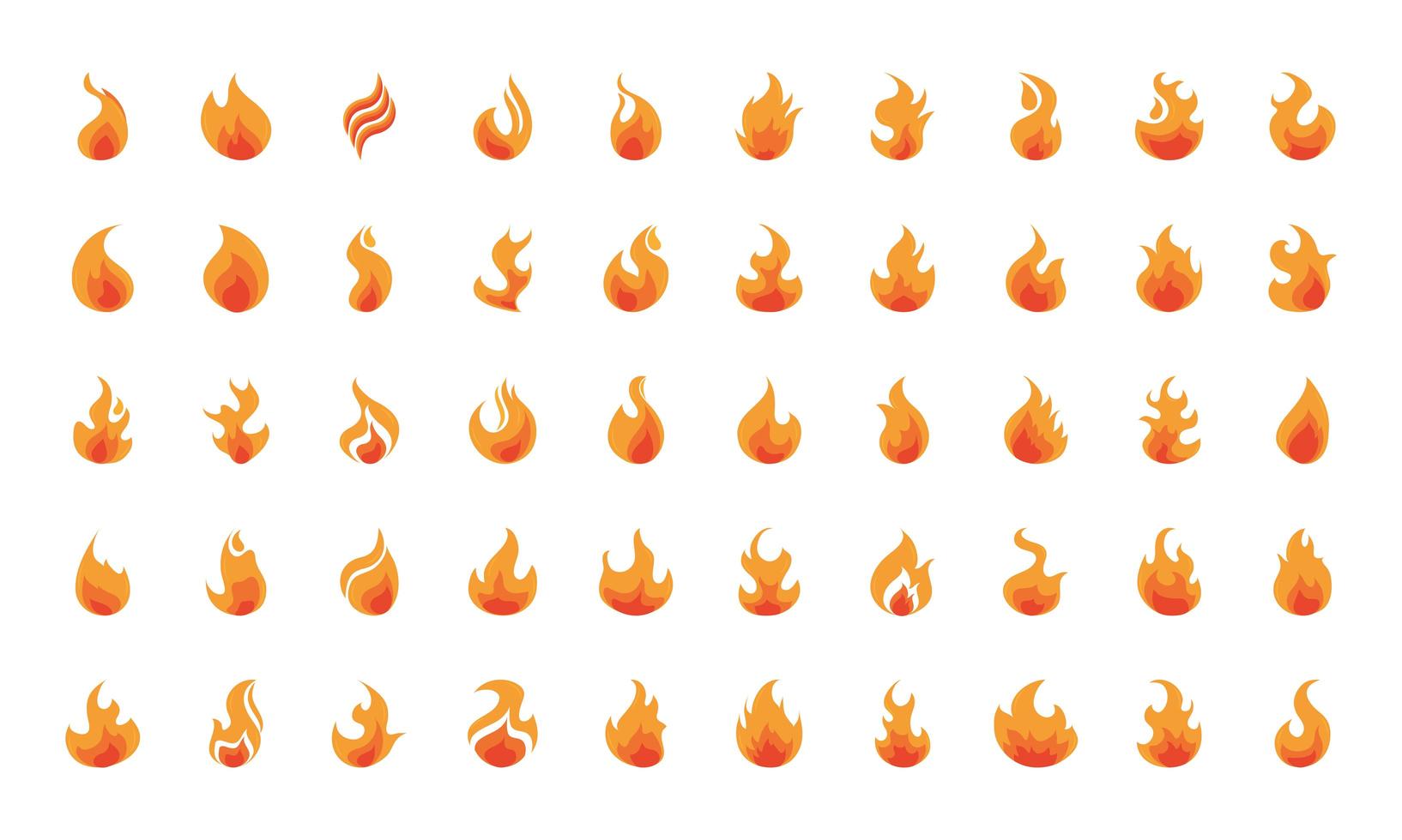 fuego llama ardiente resplandor caliente conjunto de iconos de diseño plano vector