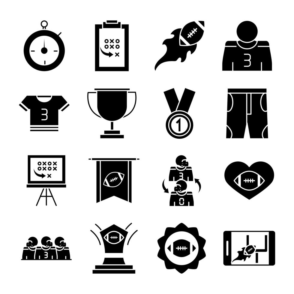 juego de fútbol americano, deporte, profesional, y, recreativo, iconos, conjunto, silueta, diseño, icono vector