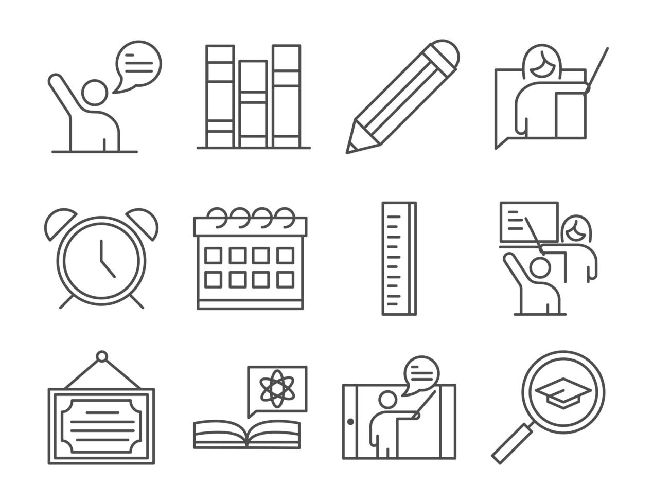 teach school education learn knowledge and training icons set line style icon vector
