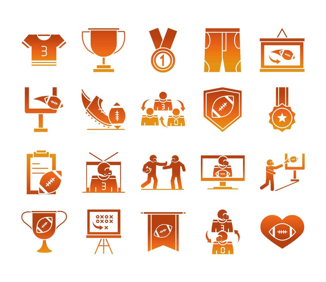 juego de fútbol americano, deporte, profesional y recreativo, iconos, conjunto, gradiente, diseño, icono vector