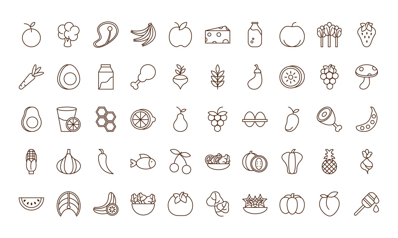 healthy food fresh fruits vegetables and protein ingredient products icons set line style icon vector