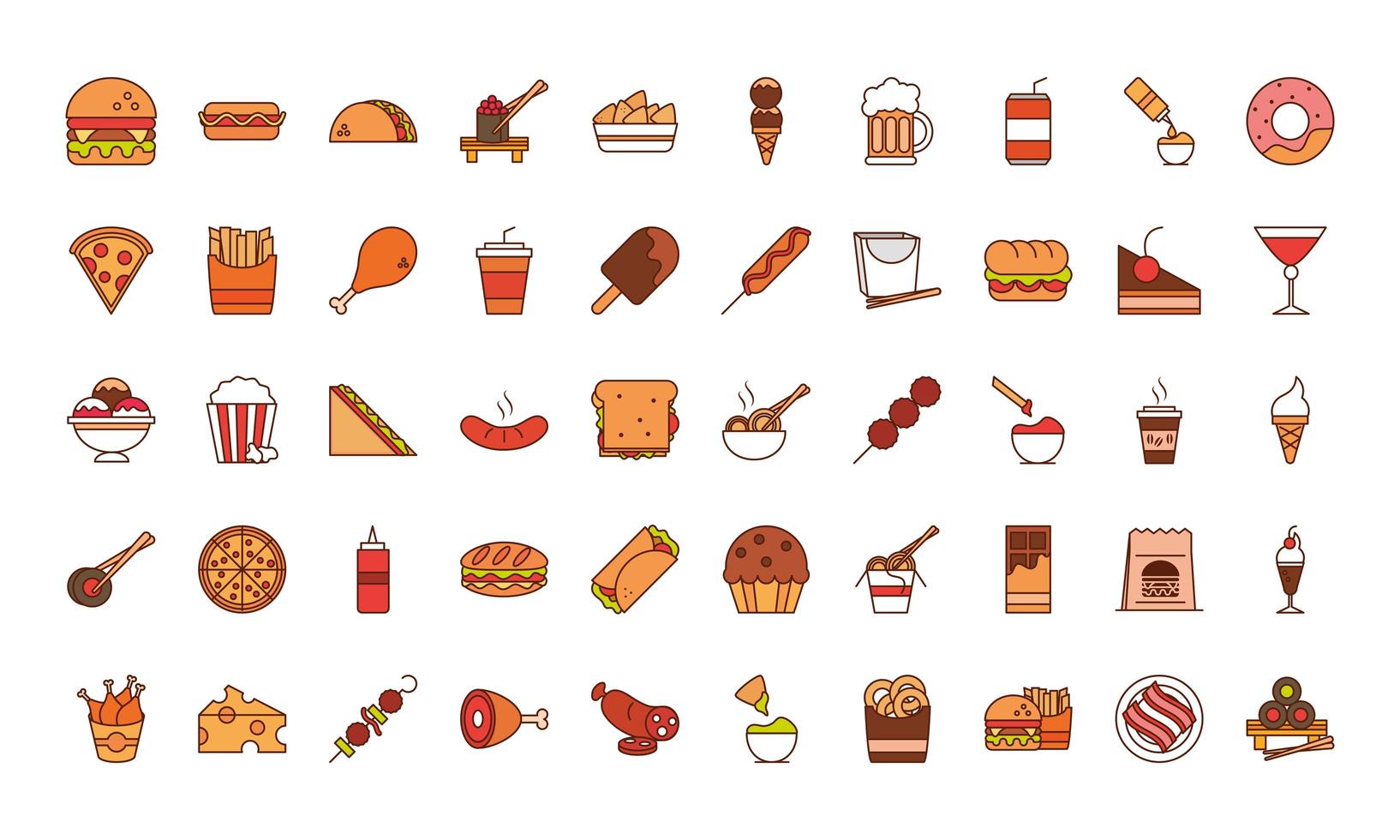 fast food dinner and menu tasty meal and unhealthy restaurant lunch icons set line and fill style vector