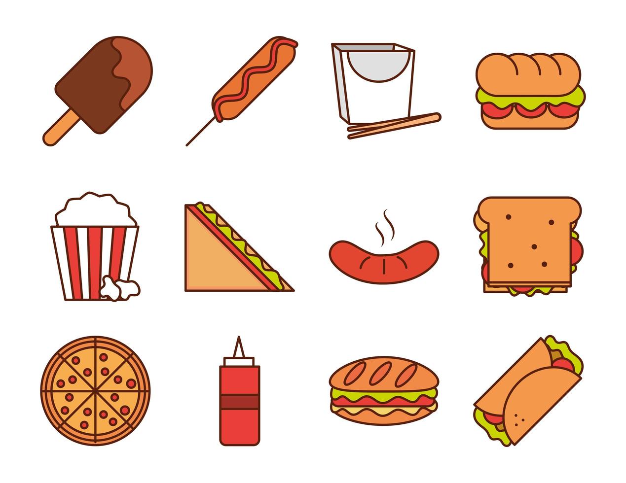 fast food dinner and menu tasty meal and unhealthy restaurant lunch icons set line and fill style vector