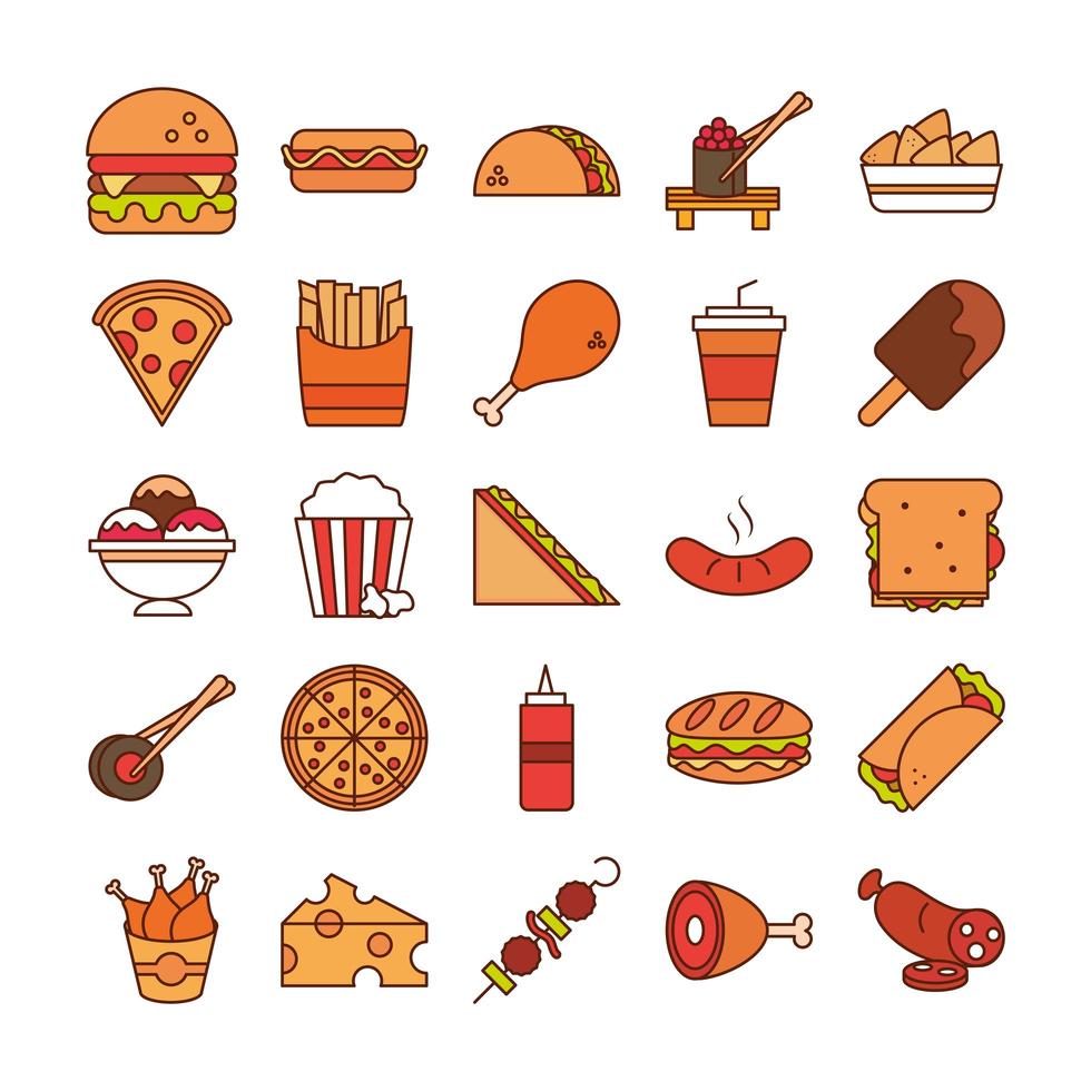 fast food dinner and menu tasty meal and unhealthy restaurant lunch icons set line and fill style vector