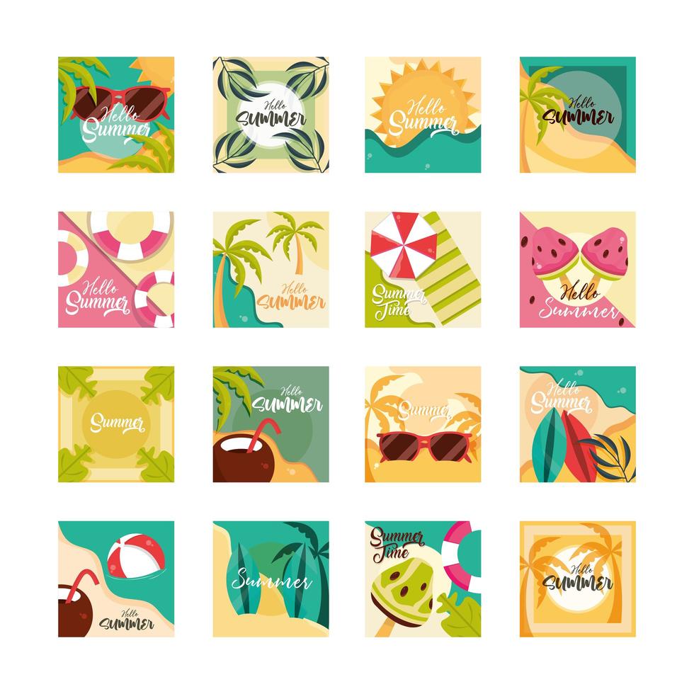 hola viajes de verano y temporada de vacaciones conjunto de iconos de banner vector