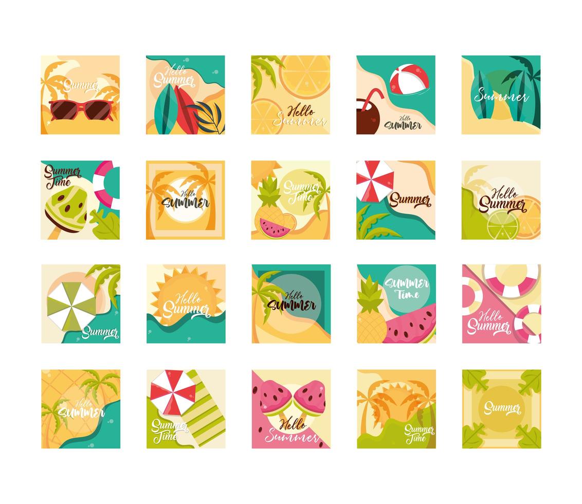 hello summer travel and vacation season banner icons set vector