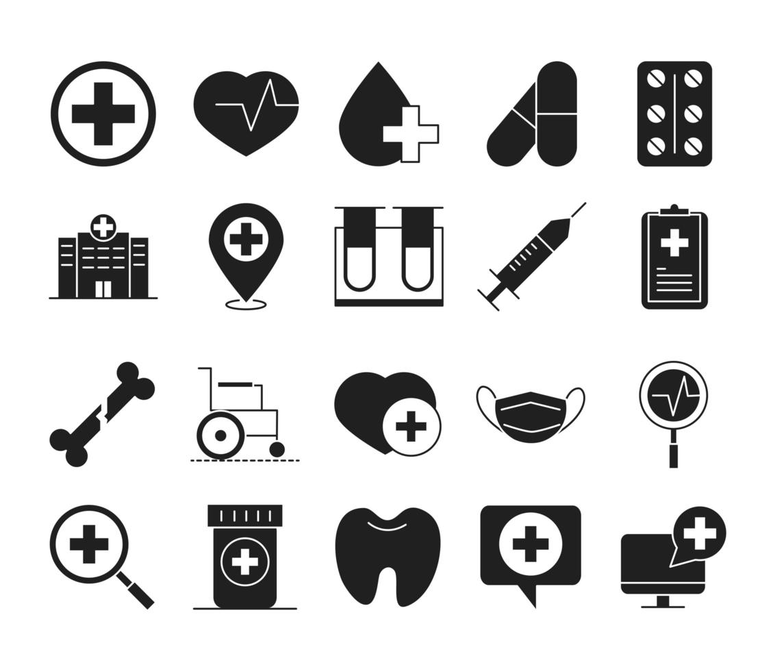 Conjunto de iconos de estilo de silueta de pictograma de salud médica y hospitalaria vector