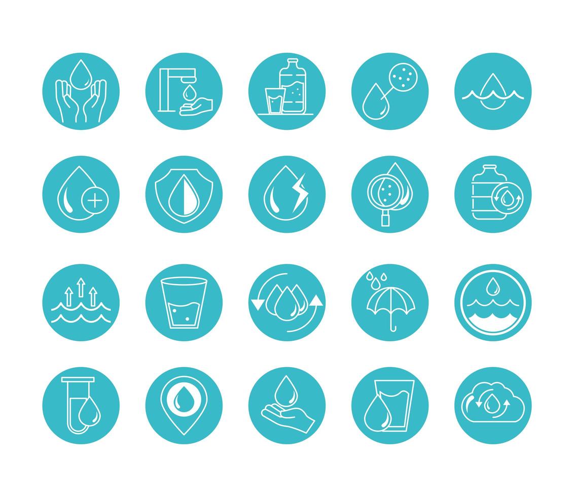 water drops nature liquid save environment drink blue block style icons set vector
