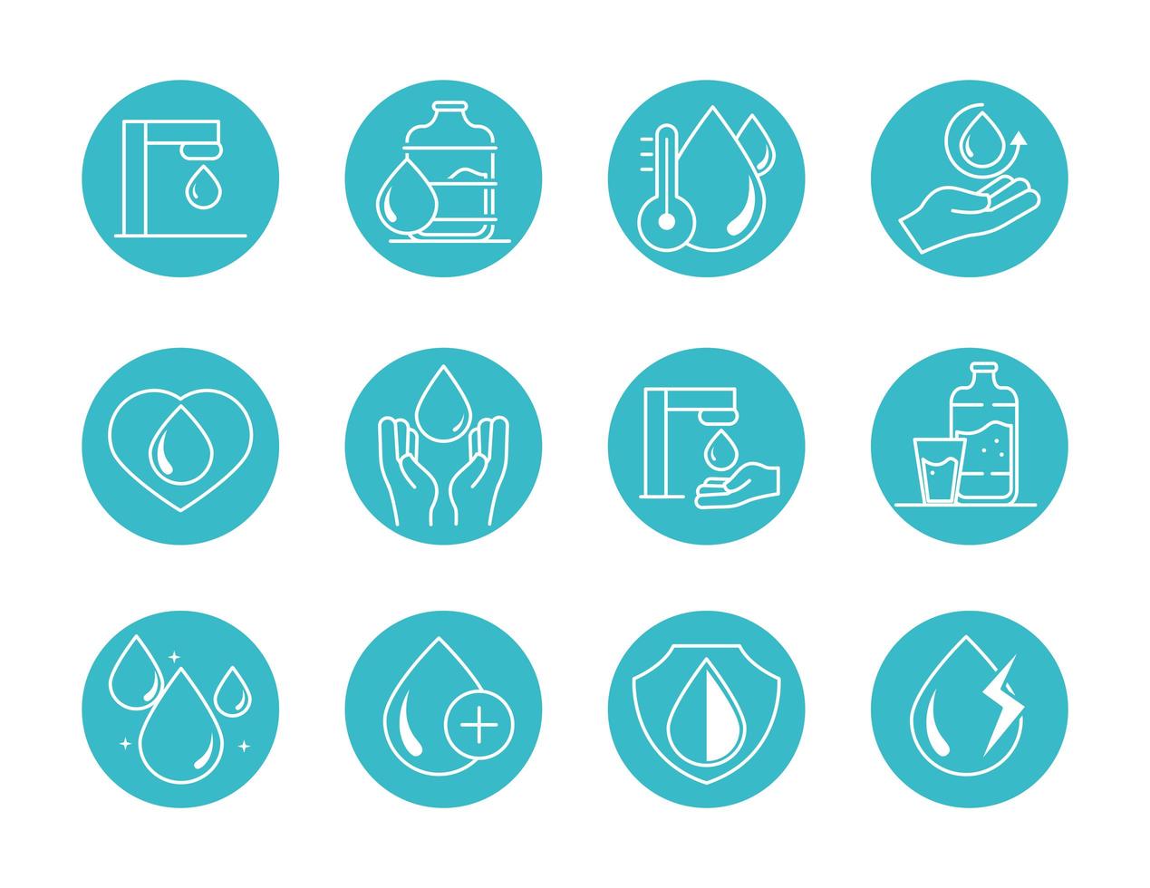 water drops nature liquid save environment drink blue block style icons set vector