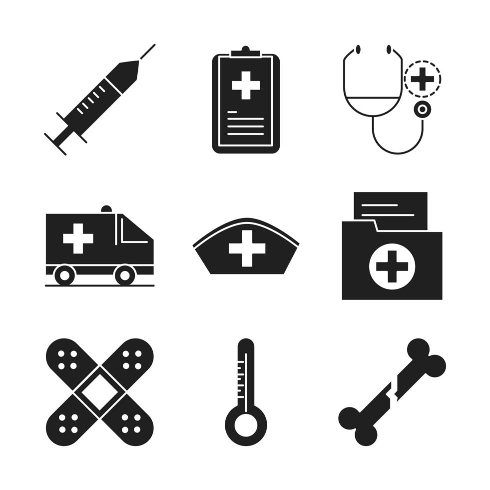 Conjunto de iconos de estilo de silueta de pictograma de salud médica y hospitalaria vector