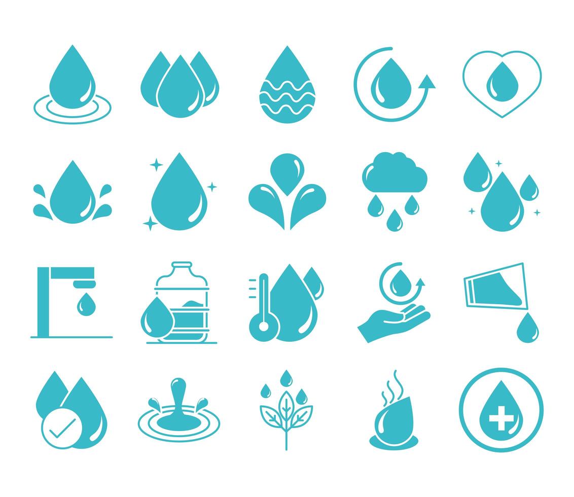 gotas de agua naturaleza líquido salvar el medio ambiente beber azul silueta estilo conjunto de iconos vector