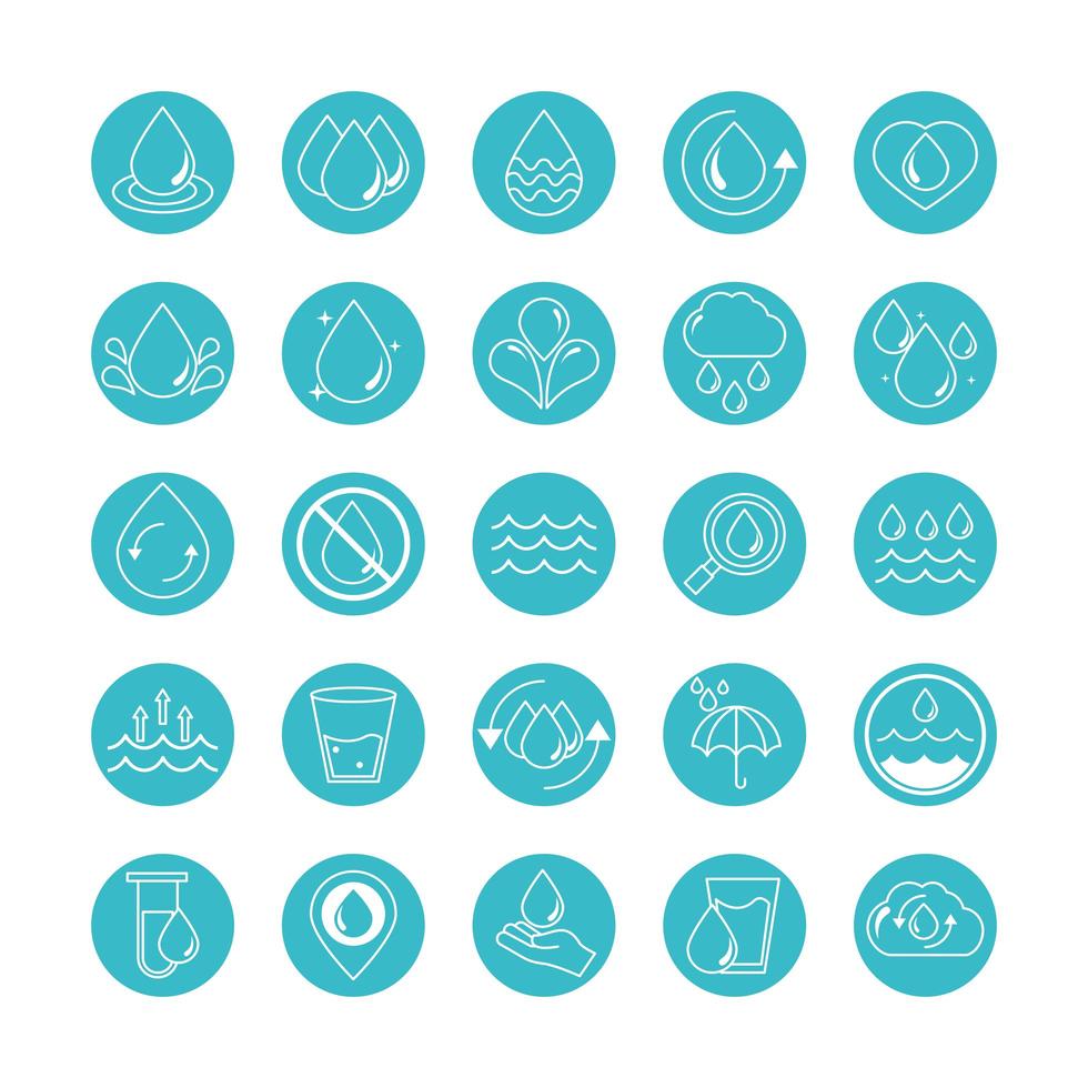 water drops nature liquid save environment drink blue block style icons set vector