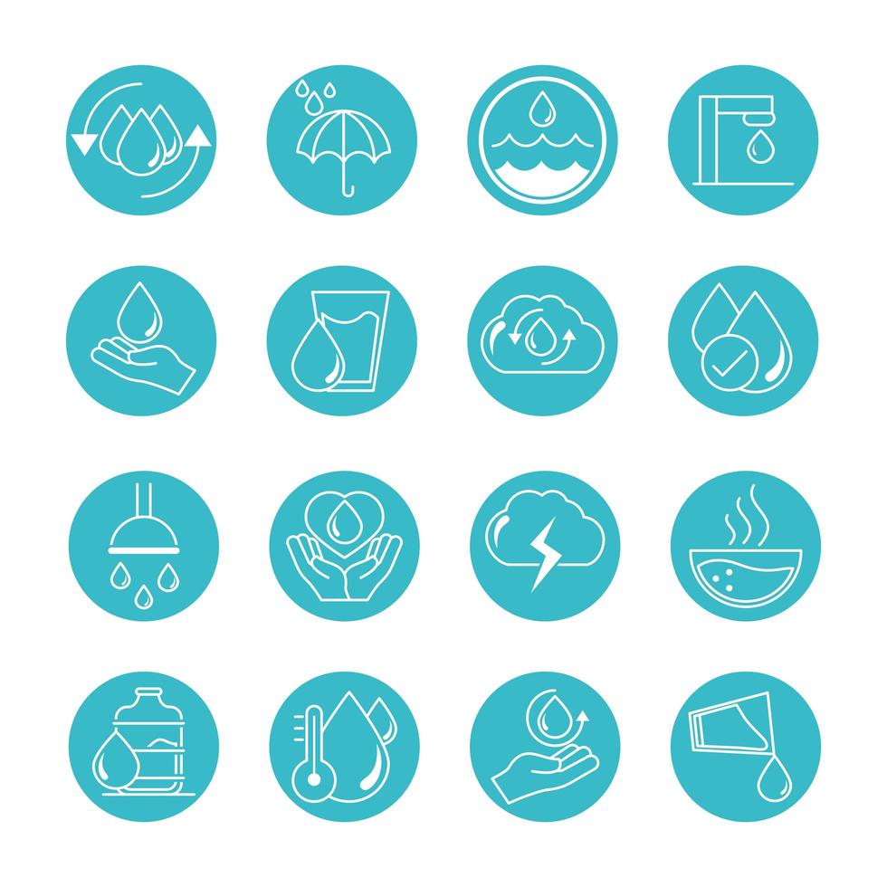 water drops nature liquid save environment drink blue block style icons set vector