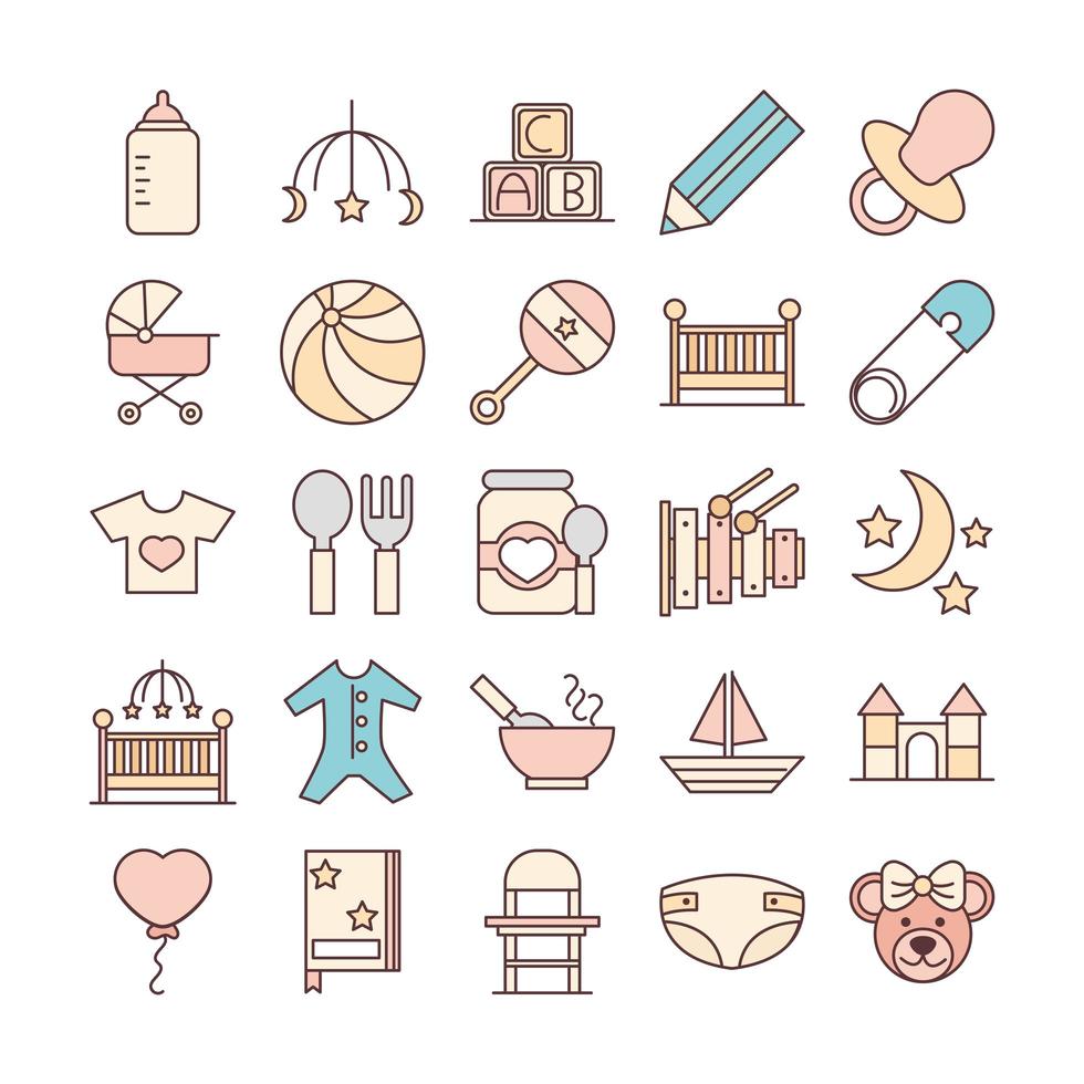 baby feeding toys and clothes welcome newborn icons set line and fill design vector