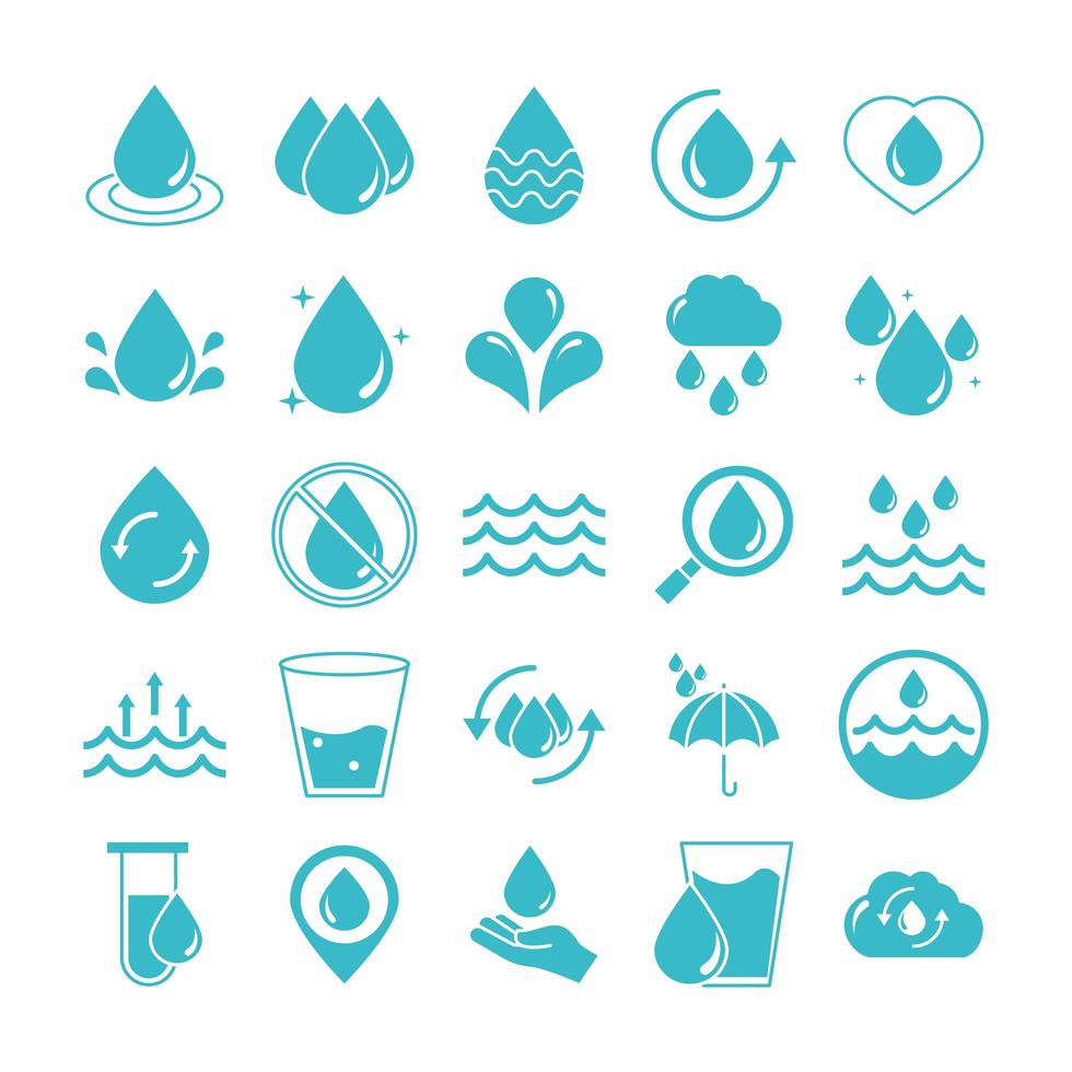 water drops nature liquid save environment drink blue silhouette style icons set vector