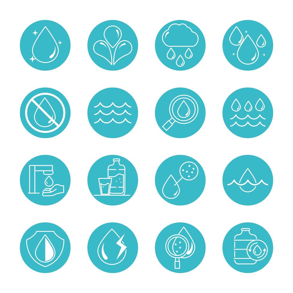water drops nature liquid save environment drink blue block style icons set vector