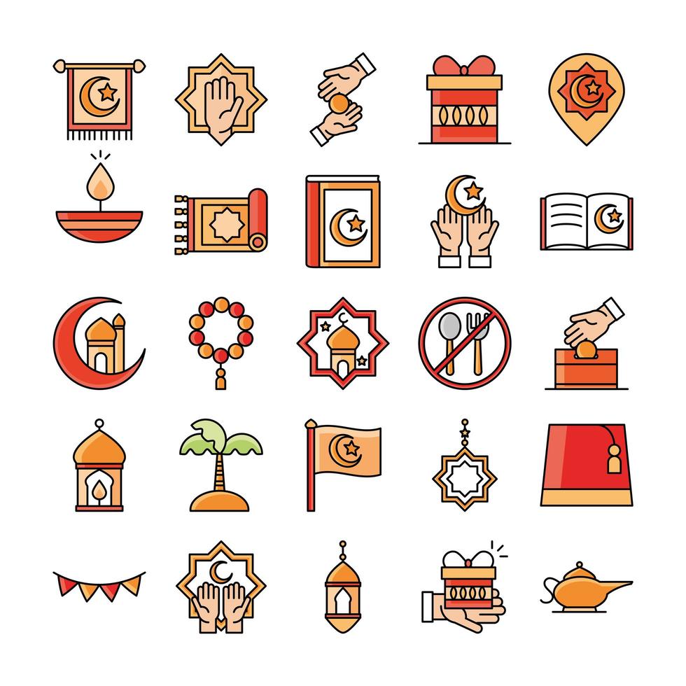 Los iconos tradicionales de celebración religiosa islámica de eid mubarak establecen estilo plano vector