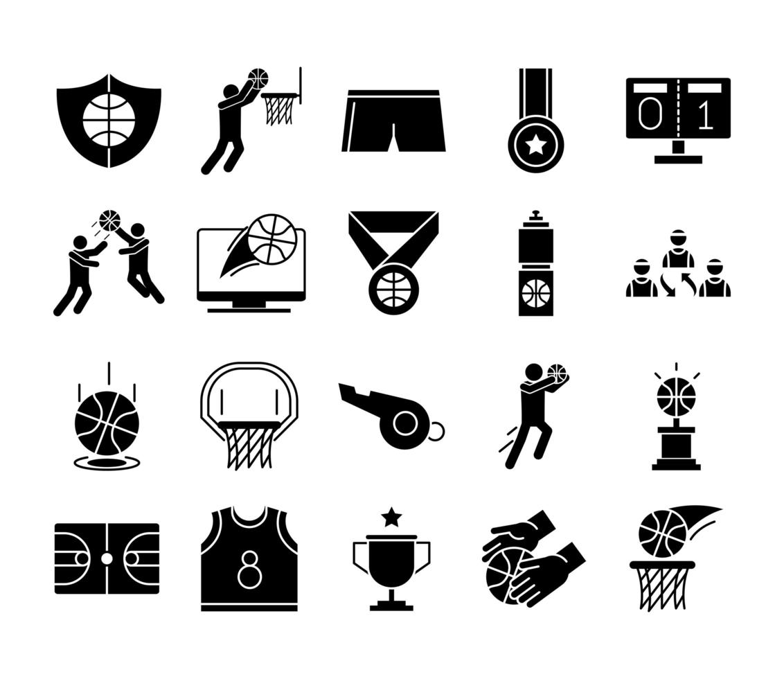 basketball game recreation sport silhouette style icons set vector