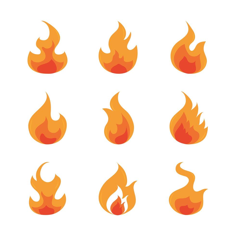 fuego llama ardiente resplandor caliente conjunto de iconos de diseño plano vector