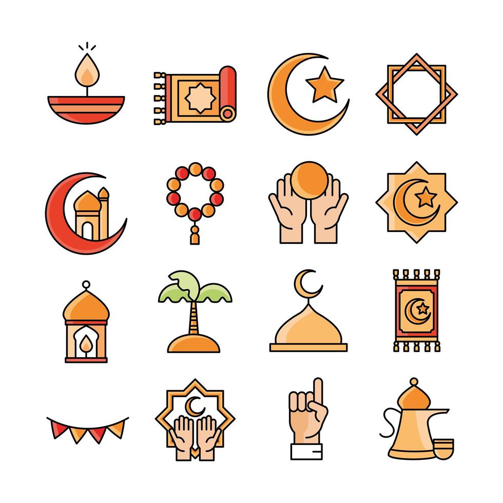 Los iconos tradicionales de celebración religiosa islámica de eid mubarak establecen estilo plano vector