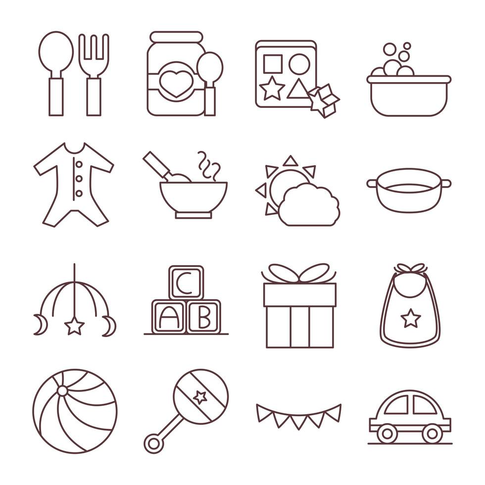 baby feeding toys and clothes welcome newborn icons set line and fill design vector