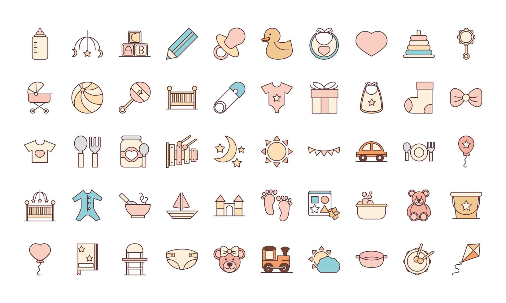 baby feeding toys and clothes welcome newborn icons set line and fill design vector