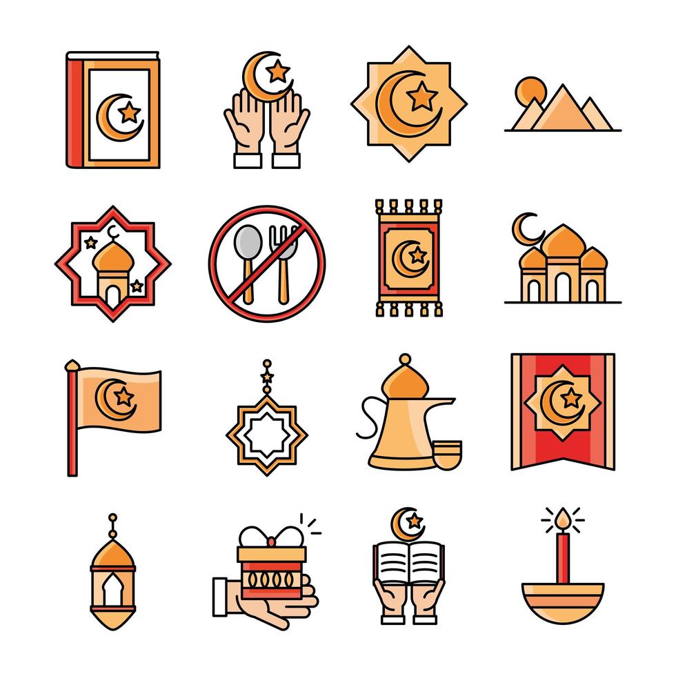 eid mubarak islamic religious celebration traditional icons set flat style vector