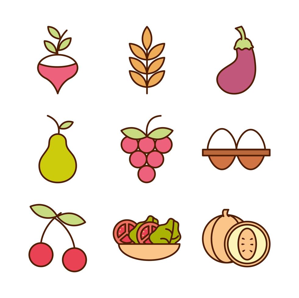 healthy food fresh fruits vegetables and protein ingredient products icons set line and fill style icon vector