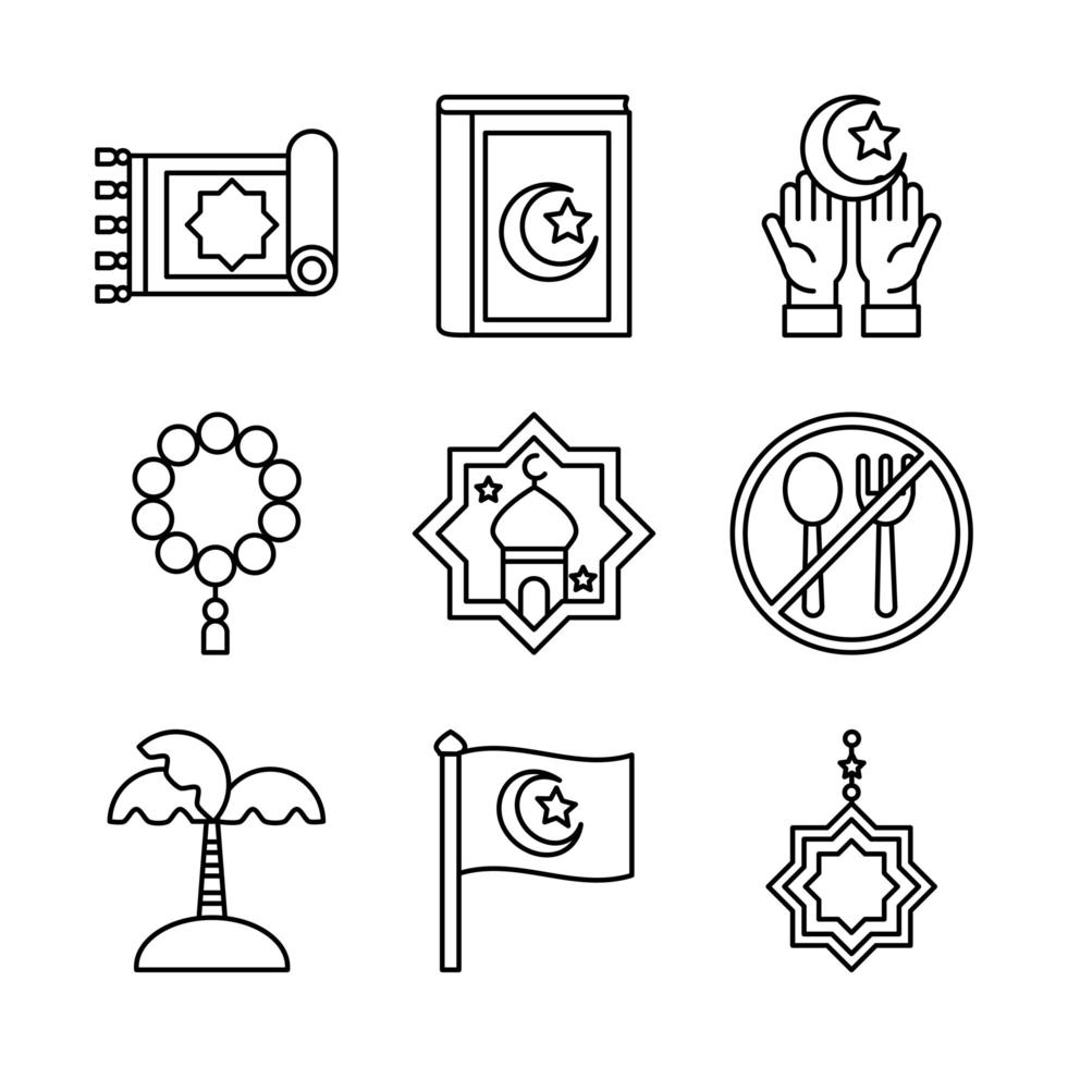 Los iconos tradicionales de celebración religiosa islámica de eid mubarak establecen estilo plano vector