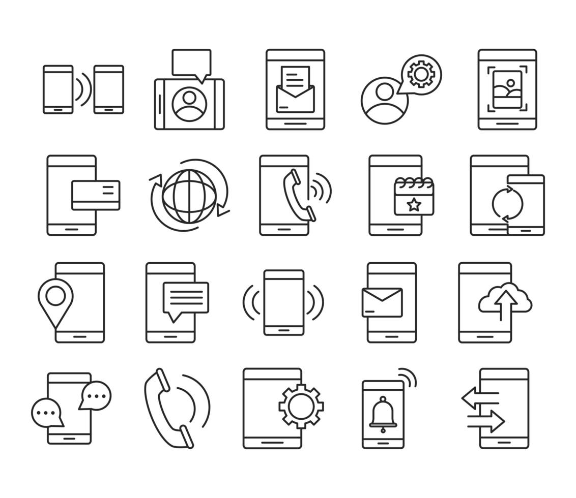 Conjunto de iconos de estilo de línea de dispositivo de tecnología electrónica de teléfono móvil o teléfono inteligente vector