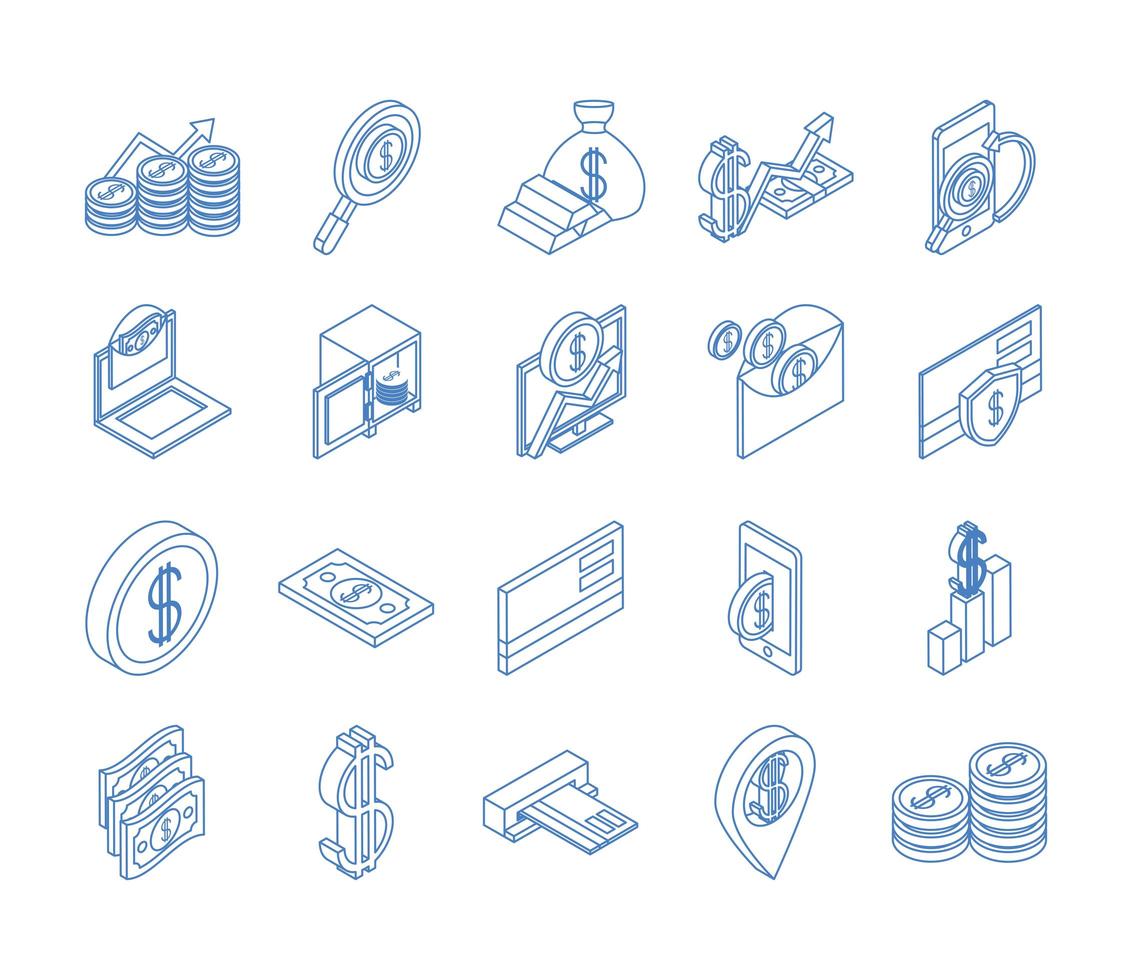 isometric money cash currency business coins banknotes isolated on white background linear blue icons set vector