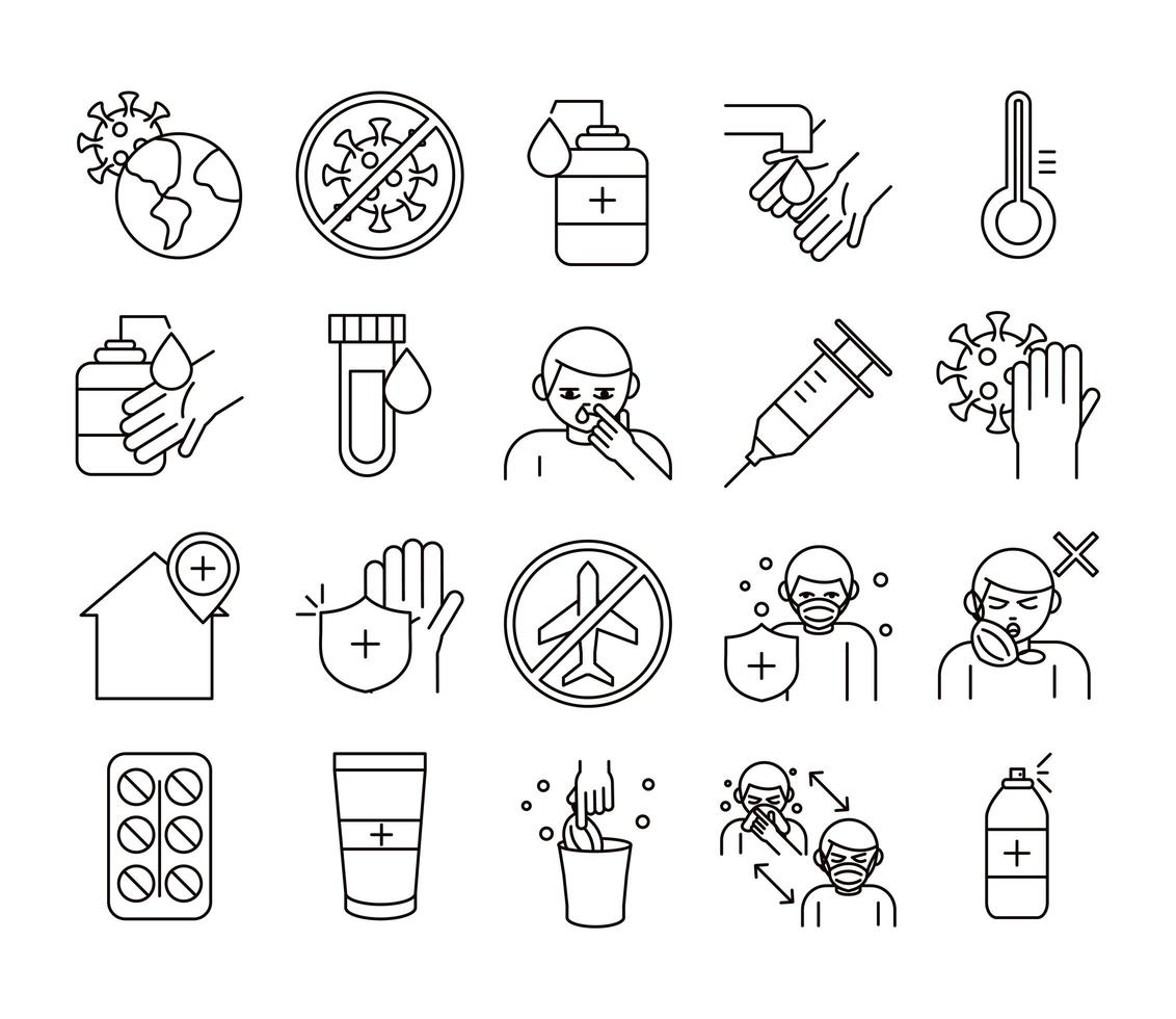 covid 19 coronavirus prevention spread outbreak pandemic line style icons set vector