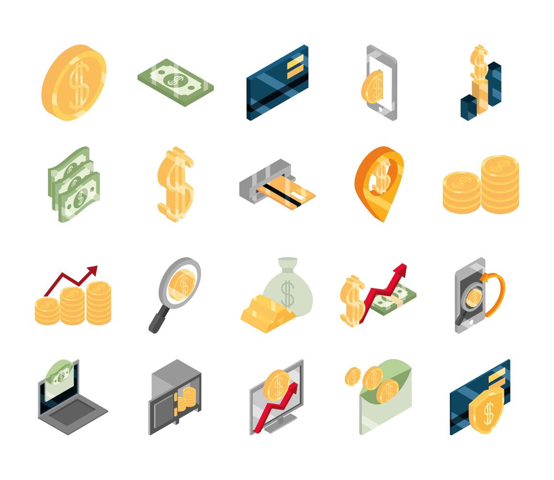 isometric money cash currency business coins banknotes isolated on white background flat icons set vector