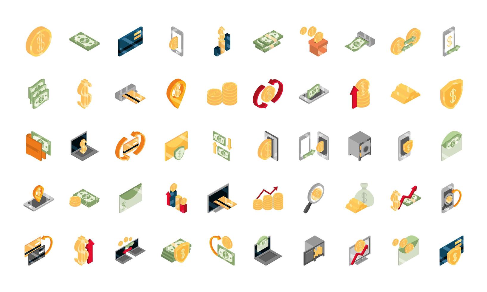 isometric money cash currency business coins banknotes isolated on white background flat icons set vector