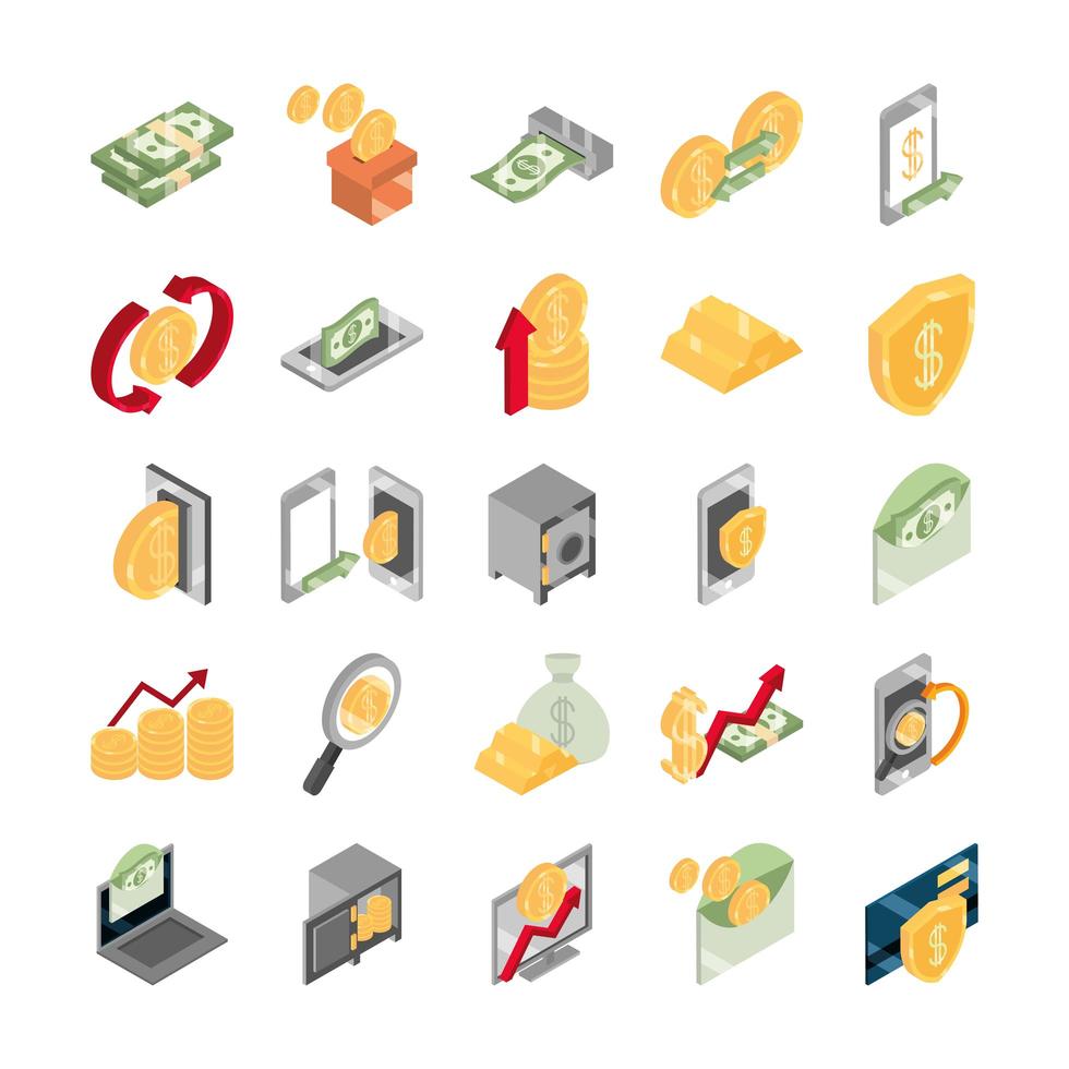 isometric money cash currency business coins banknotes isolated on white background flat icons set vector