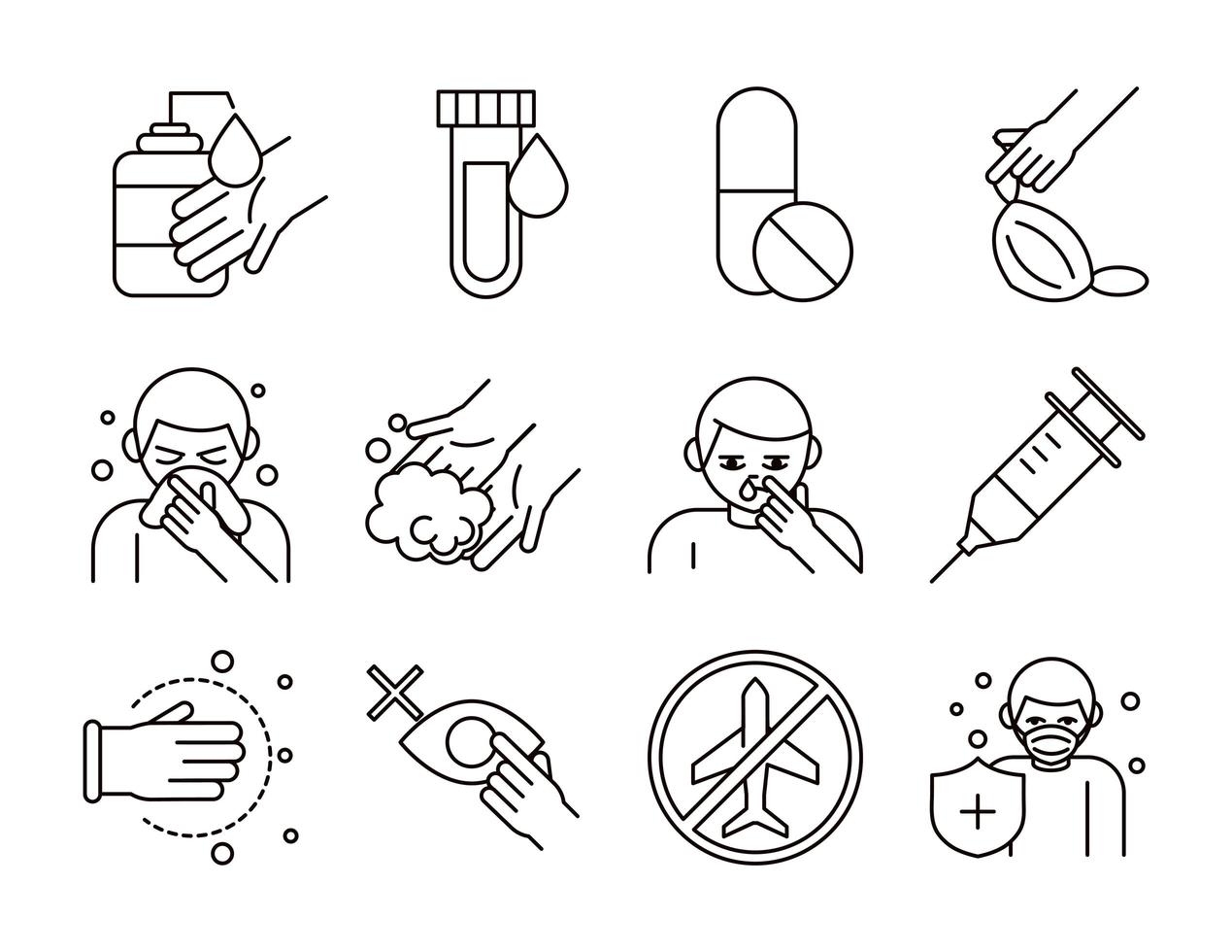 covid 19 coronavirus prevention spread outbreak pandemic line style icons set vector