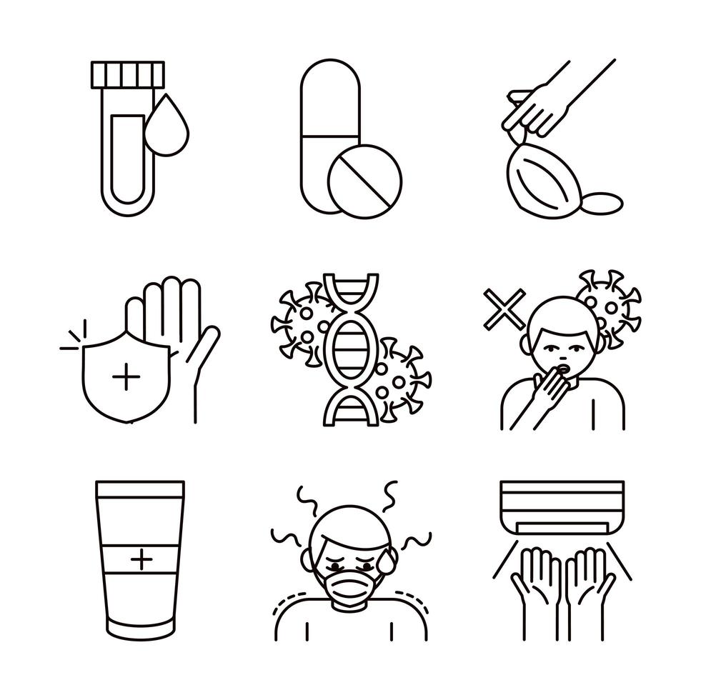 covid 19 coronavirus prevention spread outbreak pandemic line style icons set vector